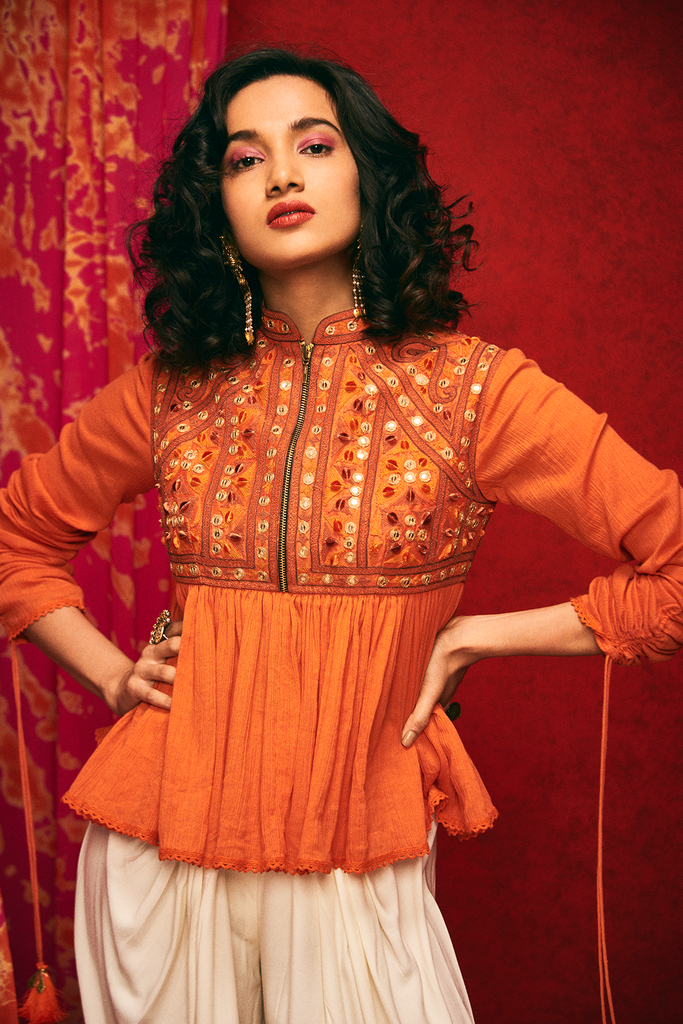 Women's Orange Embroidered Kedia Top