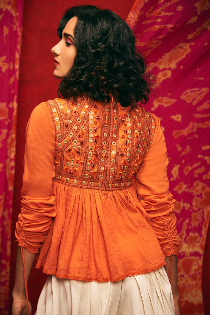 Women's Orange Embroidered Kedia Top Backview