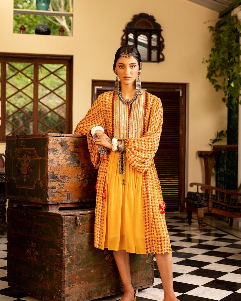 Women's Yellow Printed & Embroidered Dress Frontview