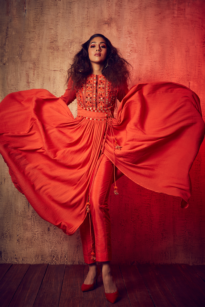 Women's Orange Cotton Anarkali Dress