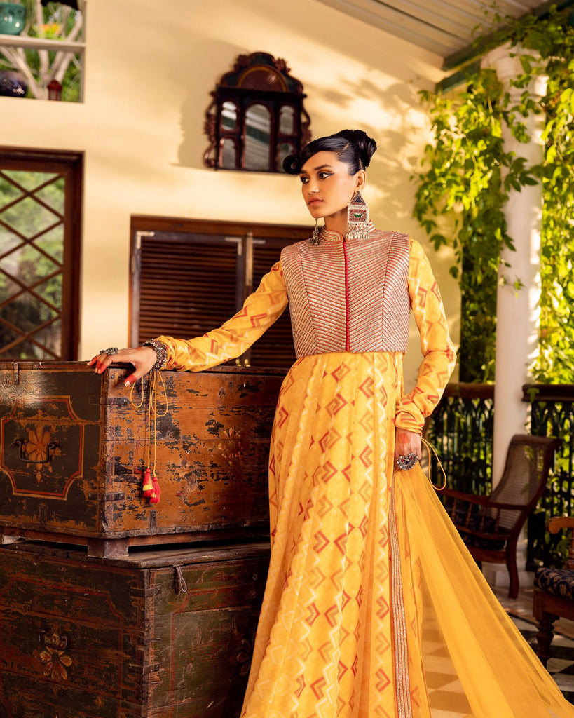 Yellow Printed & Embroidered Anarkali set with churidaar sleeve