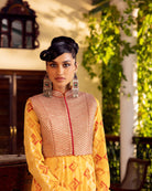 Yellow Printed & Embroidered Anarkali set with churidaar sleeve Closeview