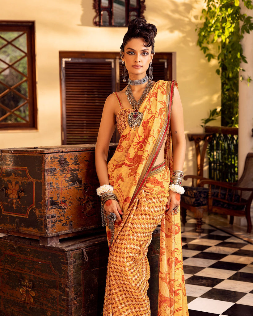 Yellow Printed & Embroidered Saree Set Frontview