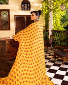 Yellow bustier in georgette with embroidery and print with  jacket and pants Backview