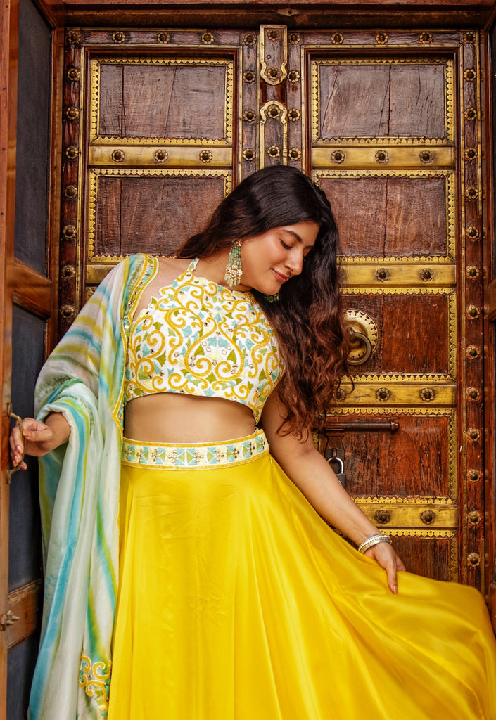 Women's Yellow Embroidered Lehenga Set Frontview