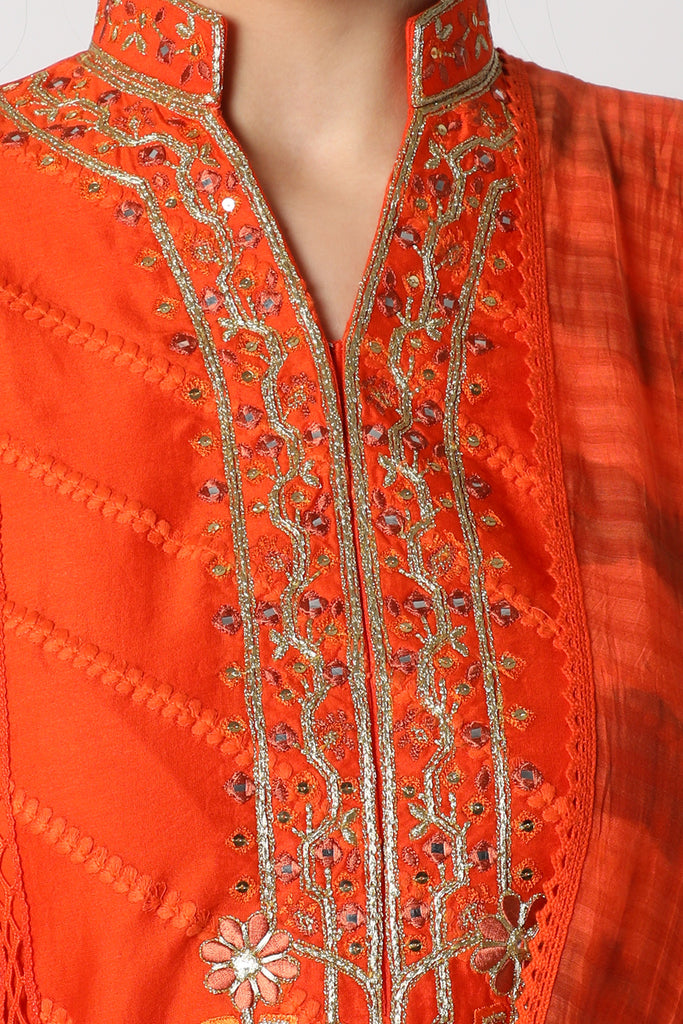 Orange Embroidered Long Kurta Set Closeview