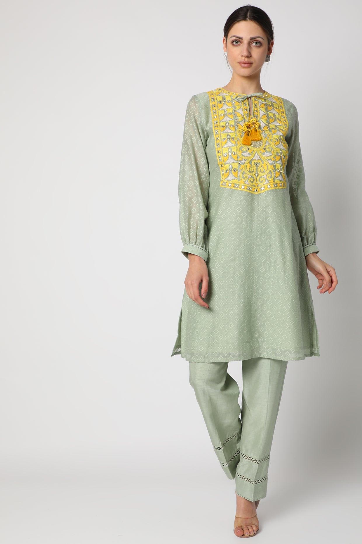 Grey Embroidered Short Kurta Set frontview