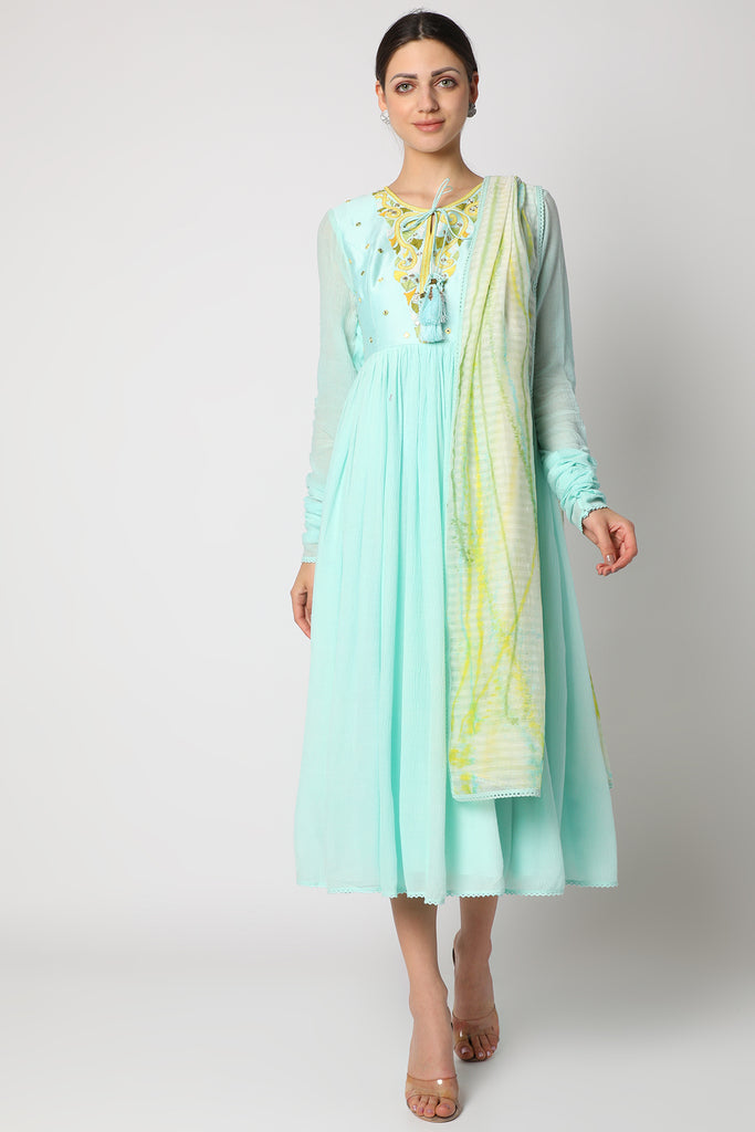 Ice Blue Embroidered Anarkali Set with tie dye dupatta