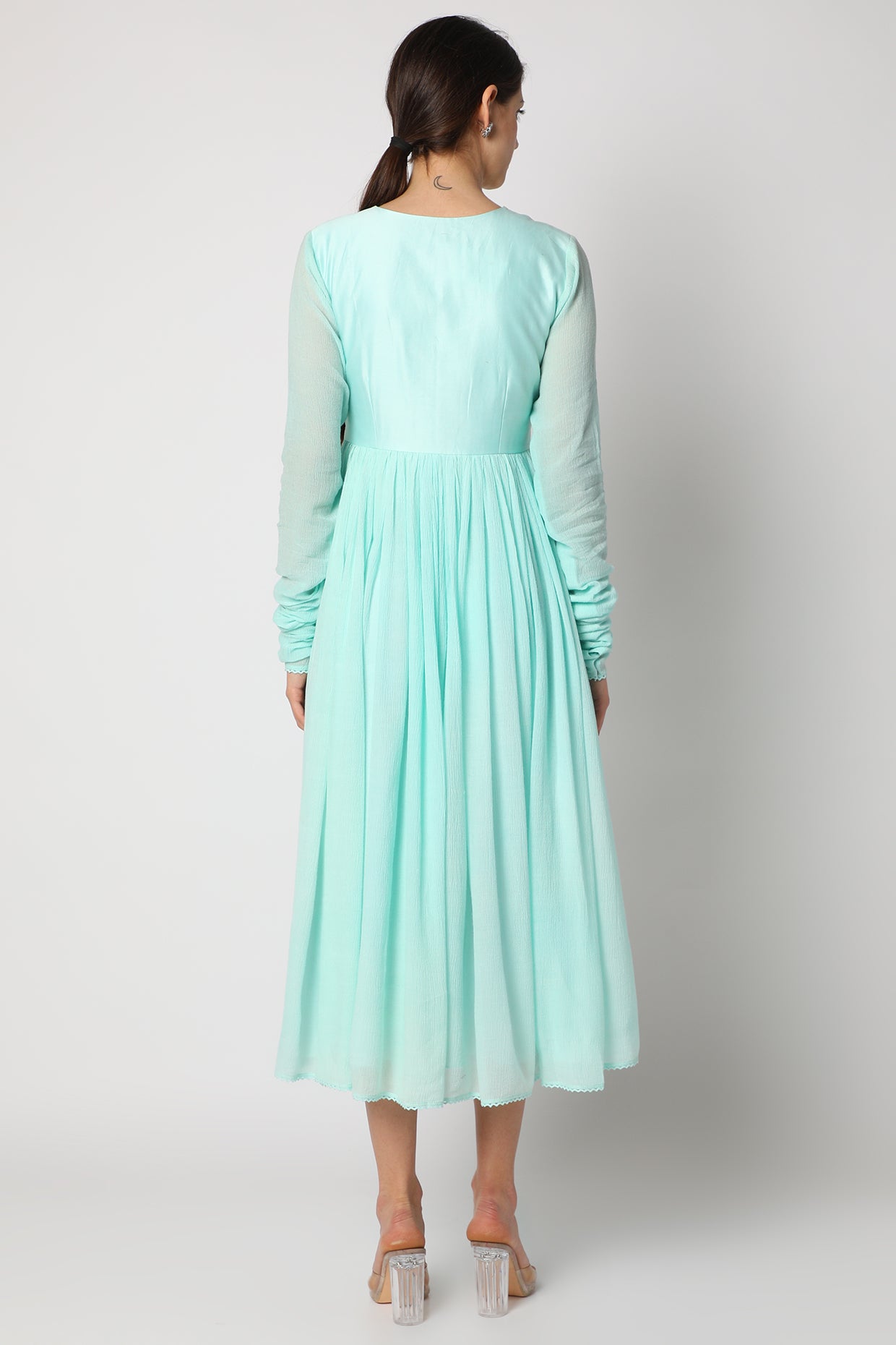 Ice Blue Embroidered Anarkali Set with tie dye dupatta Backview