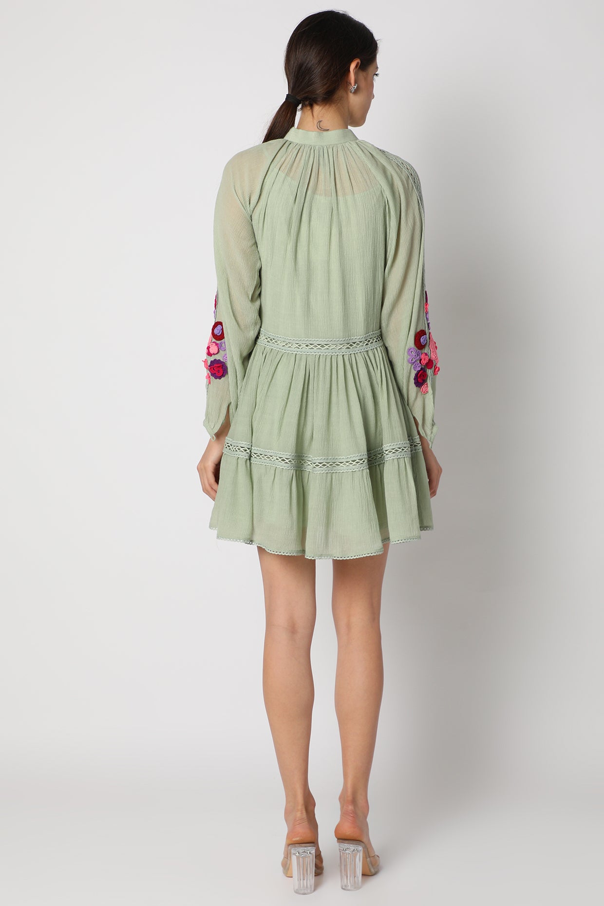 Grey Tunic dress with crochet flowers backview