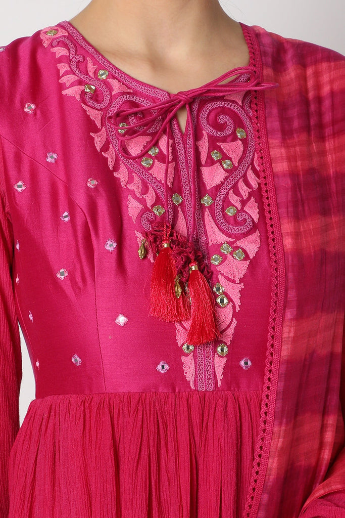 Magenta Anarkali Dress with embroidered yoke paired with a Tie-Dyed dupatta. closeview
