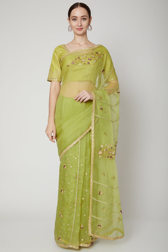 Lime Green Embroidered Sheer Saree Set