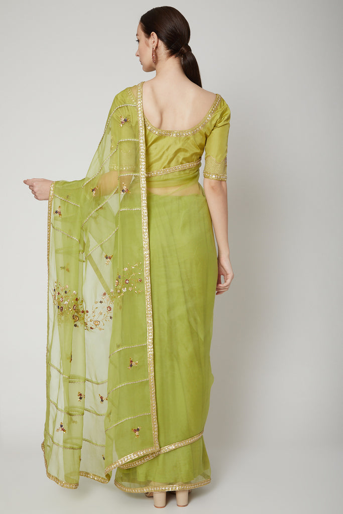 Lime Green Embroidered Sheer Saree Set backside