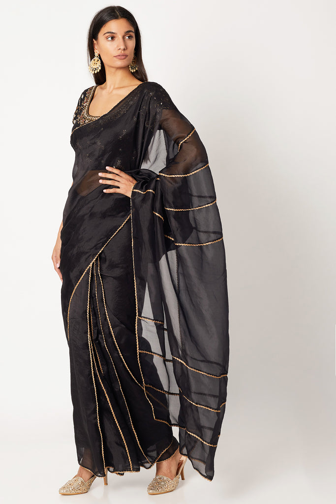 Sheer Organza Saree with Planned Pleats and Embroidered Blouse