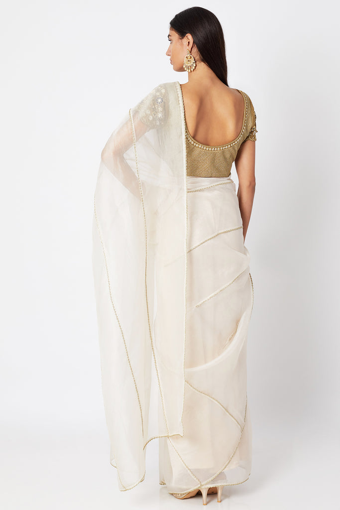 Sheer Organza Saree with Planned Pleats and Embroidered Blouse Backview