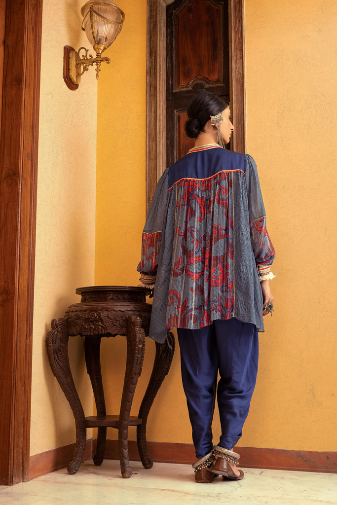 Blue Printed & Embroidered Tunic Set