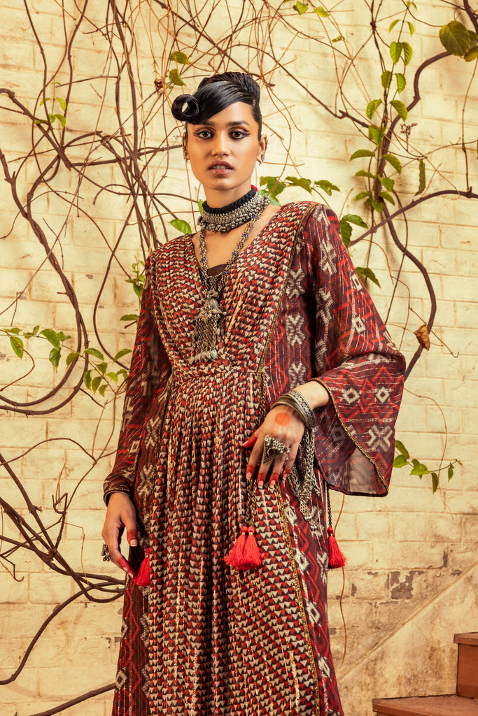 Brown Printed  & Embroidered Dress