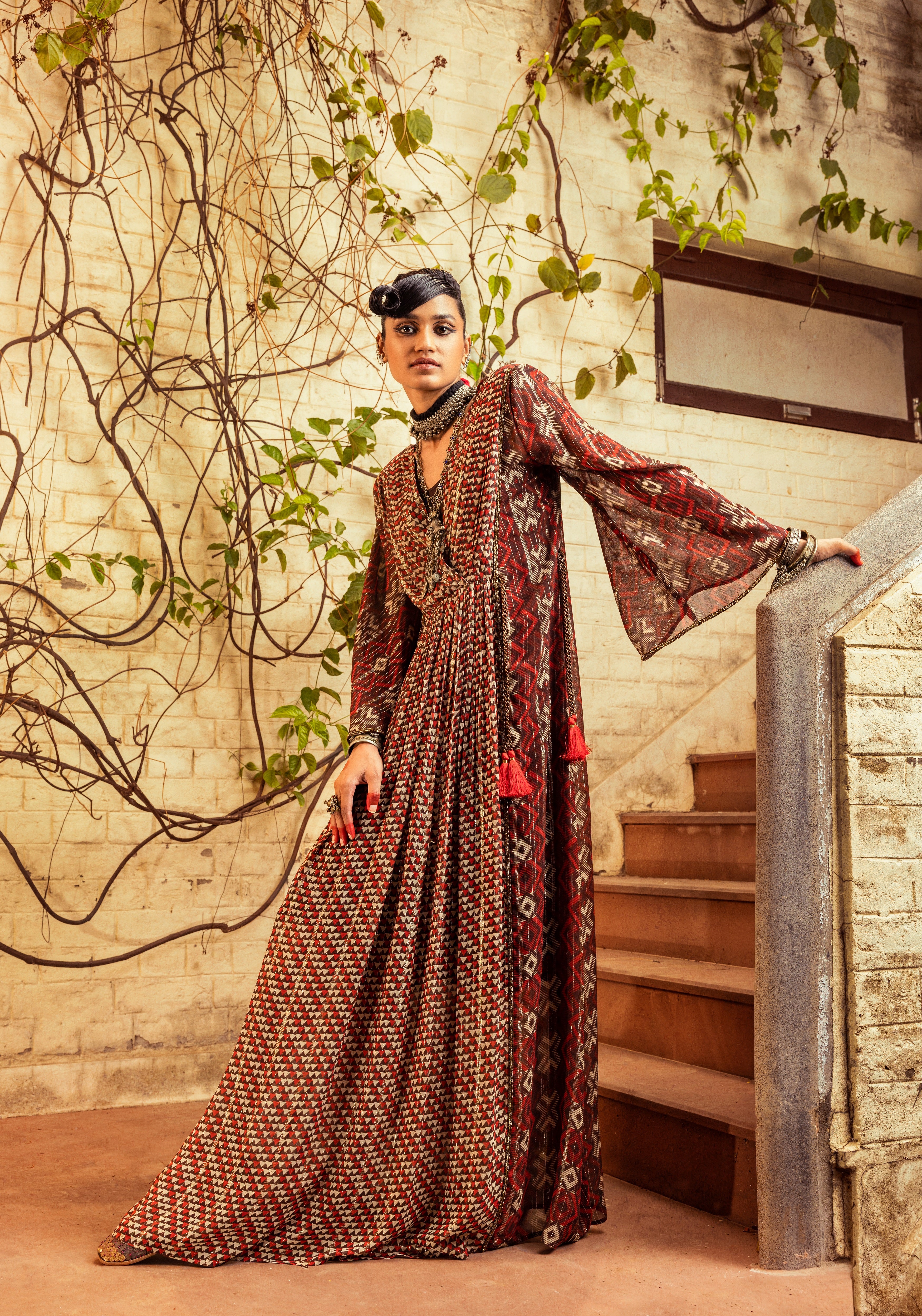 Brown Printed  & Embroidered Dress